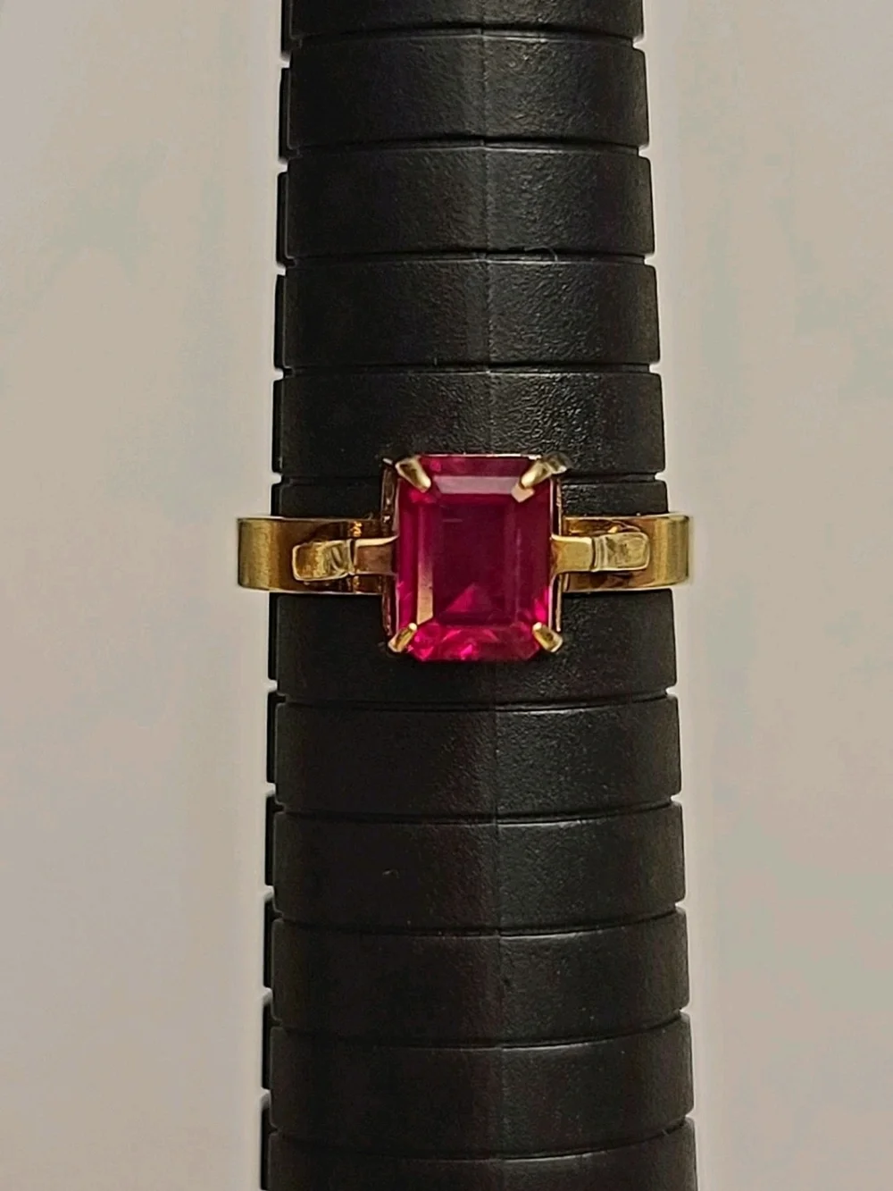 Vintage 9K Yellow Gold Ring With Emerald Cut Ruby Solitaire